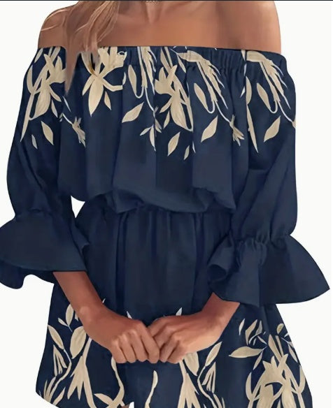 Fudus Boho-Kleid mit Blätter-Print und Off-Shoulder-Ausschnitt