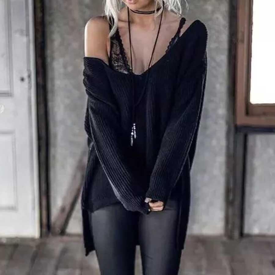 Damen Grobstrickpullover mit tiefem V-Ausschnitt und weiten Ärmeln Stilzeits