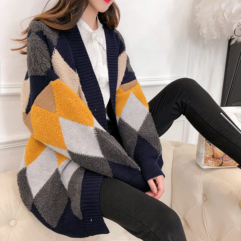 Damen lockerer Strickcardigan mit geometrischem Muster Stilzeits