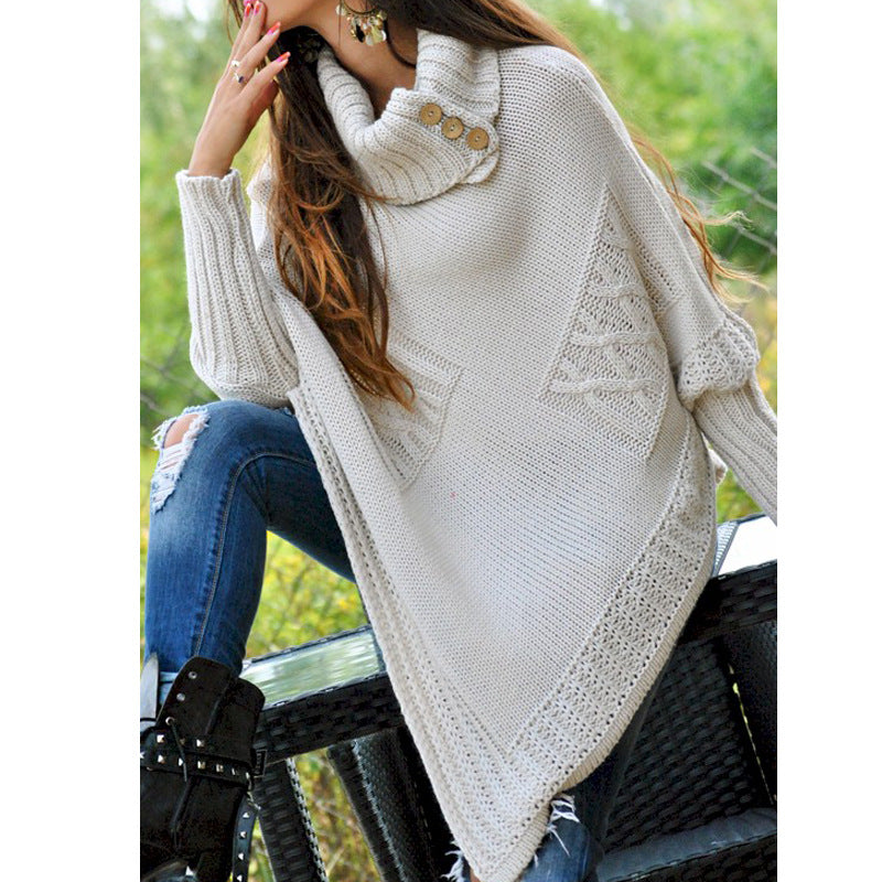 Damen Strickponcho mit hohem Kragen und Knopfdetails Stilzeits