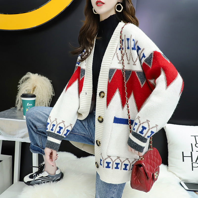 Damen Strickjacke mit farbenfrohem Design und großen Knöpfen Stilzeits