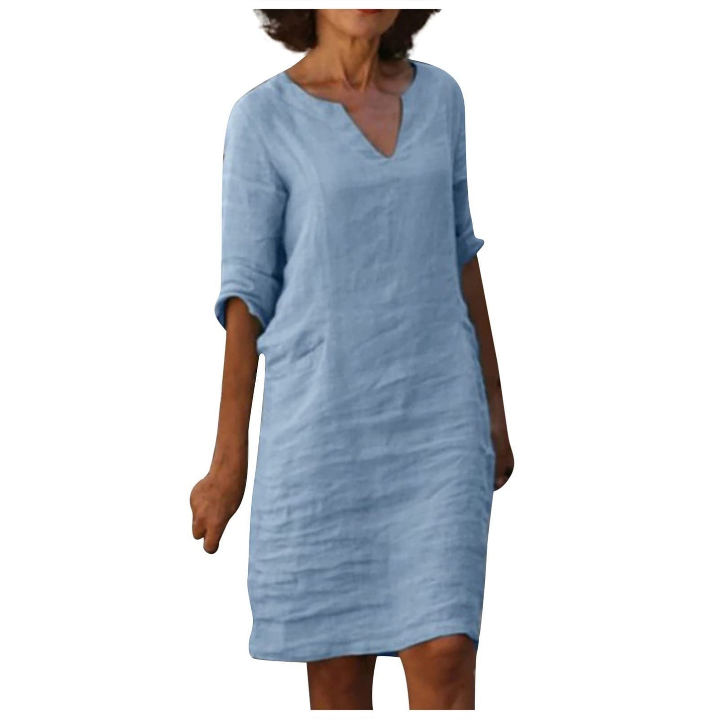 Baumwolle-Leinen Kleid mit V-Ausschnitt, Retro-Stil, hoch tailliert, einfarbig, Sommer-Nähkleid von Fudus