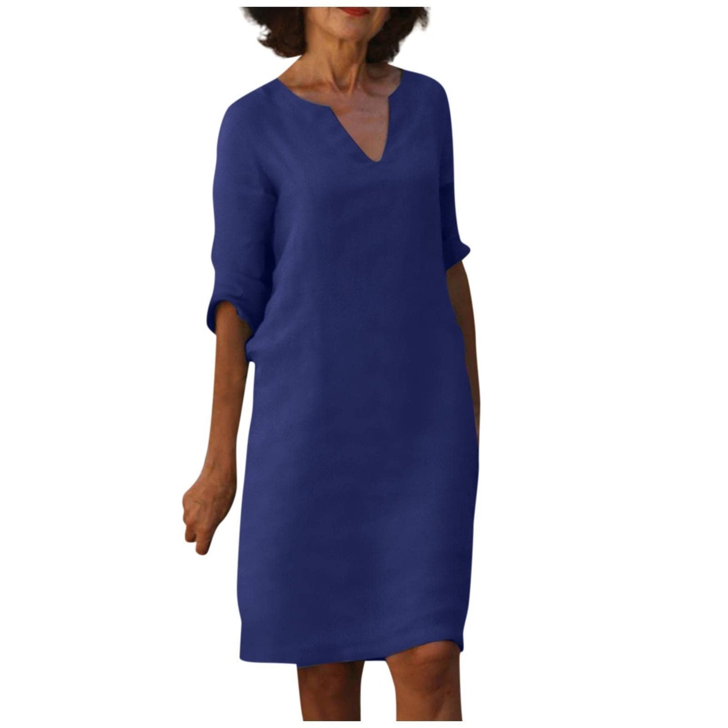 Baumwolle-Leinen Kleid mit V-Ausschnitt, Retro-Stil, hoch tailliert, einfarbig, Sommer-Nähkleid von Fudus