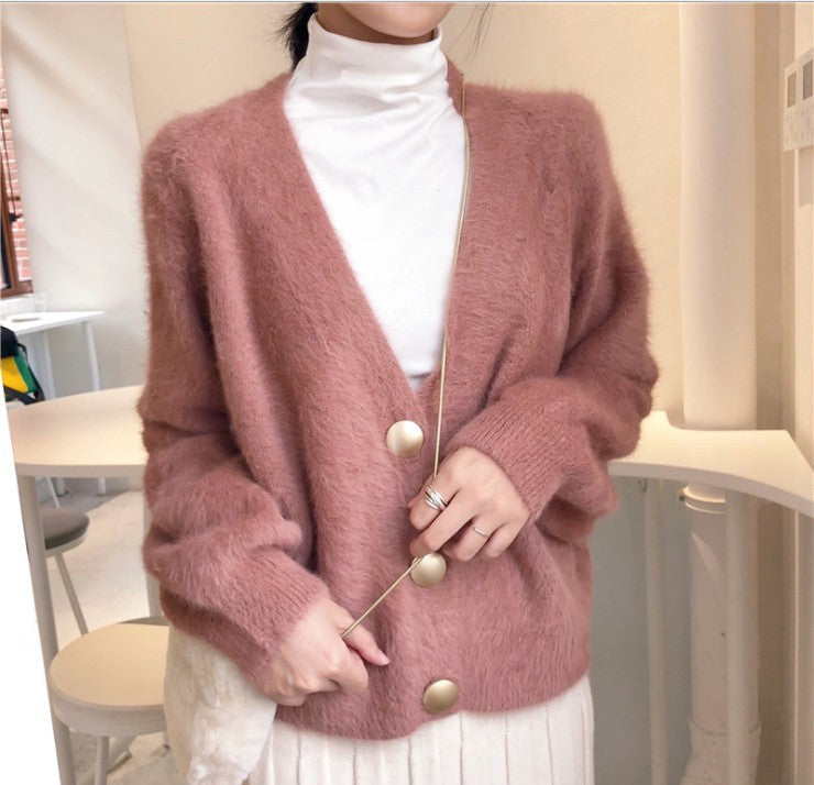 Damen Flauschige Strickjacke mit großen Knöpfen und voluminösen Ärmeln Stilzeits