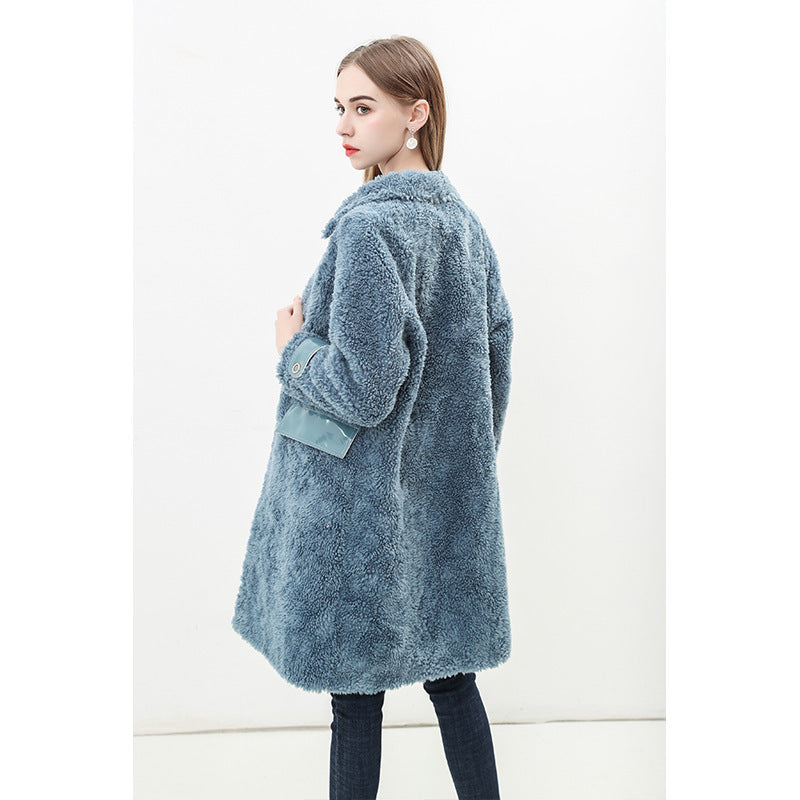 Damen Flauschiger Kunstfell-Mantel mit Taschen und klassischem Kragen Stilzeits