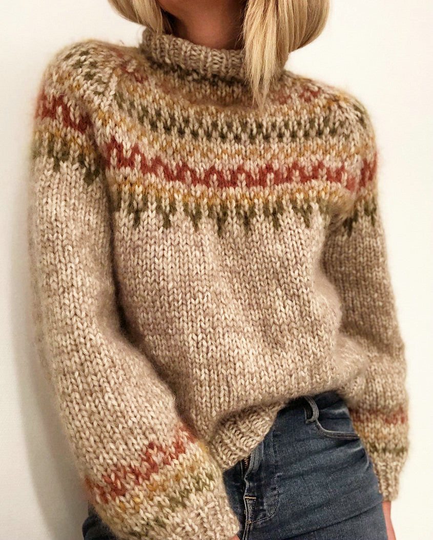 Damen Grober Strickpullover mit hohem Kragen und einzigartigem Muster Stilzeits