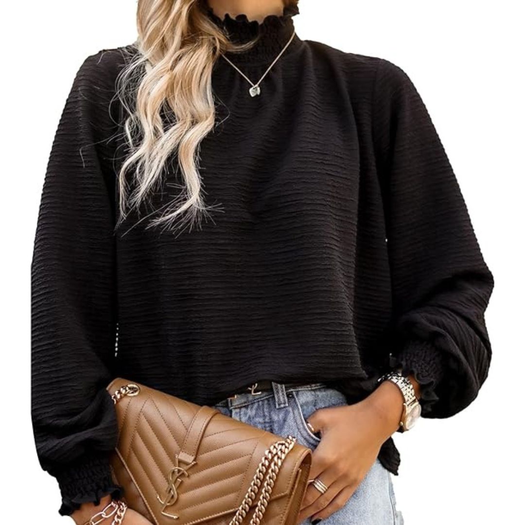 Uziyah Bluse: Gerüschte Stehkragenbluse mit Struktur