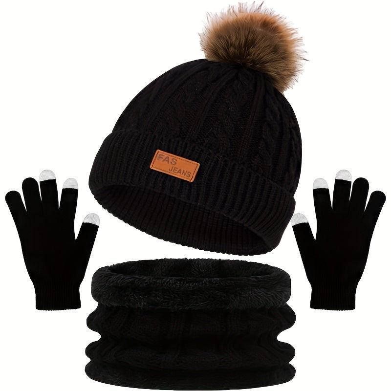 Damen 3-teiliges Winter Set - Zopfmuster Schal, Mütze & Touchscreen-Handschuhe