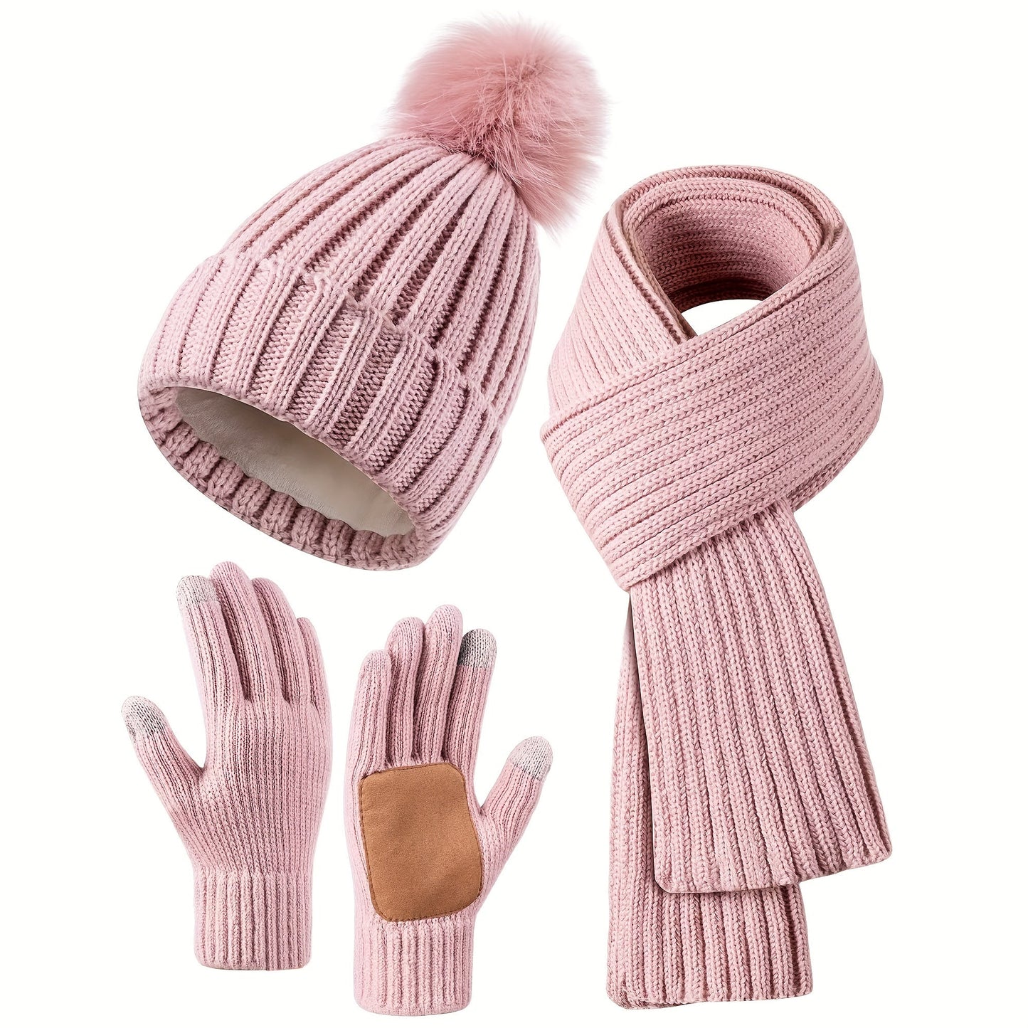 Damen 3-teiliges Winter-Strickset - Bommelmütze, Schal und Touchscreen-Handschuhe