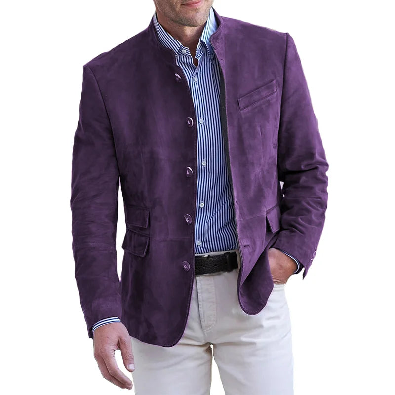 Herren Wildleder-Stehkragen-Blazer – Knopfdesign
