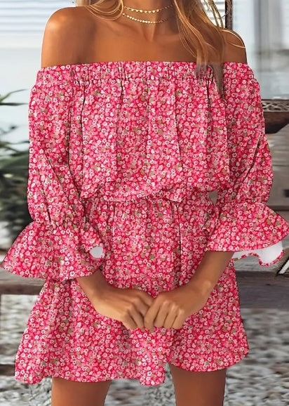 Fudus Boho-Kleid mit Blätter-Print und Off-Shoulder-Ausschnitt