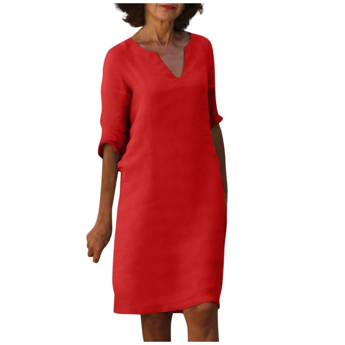 Baumwolle-Leinen Kleid mit V-Ausschnitt, Retro-Stil, hoch tailliert, einfarbig, Sommer-Nähkleid von Fudus