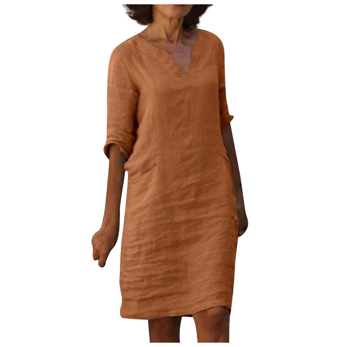 Baumwolle-Leinen Kleid mit V-Ausschnitt, Retro-Stil, hoch tailliert, einfarbig, Sommer-Nähkleid von Fudus