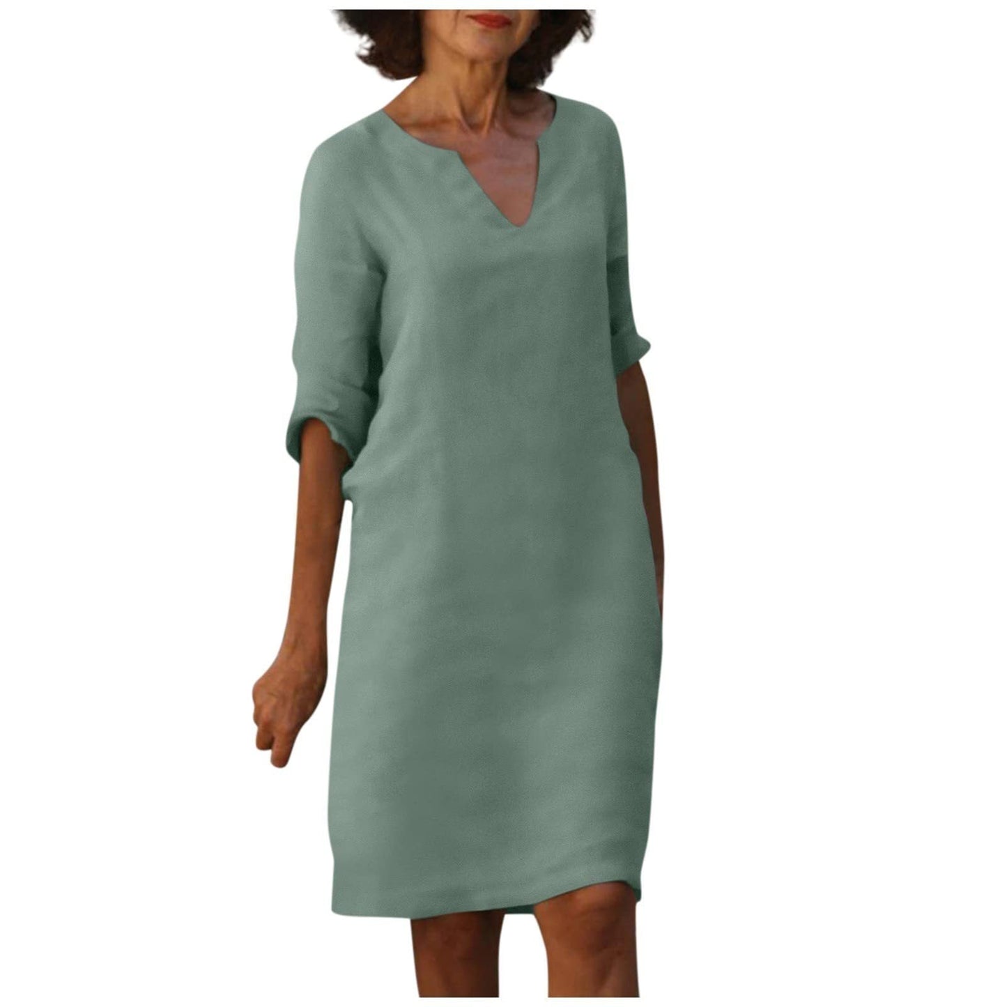 Baumwolle-Leinen Kleid mit V-Ausschnitt, Retro-Stil, hoch tailliert, einfarbig, Sommer-Nähkleid von Fudus