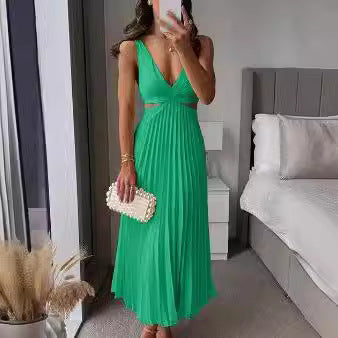 Faltenkleid mit V-Ausschnitt, offenem Rücken und Trägern von Fudus