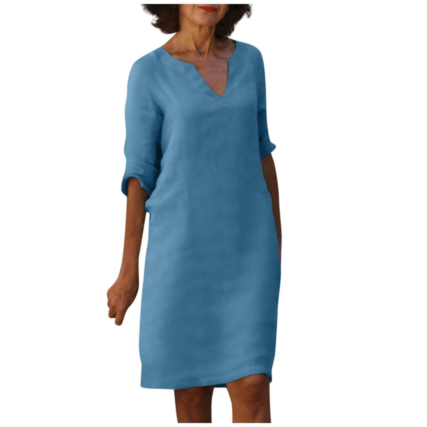 Baumwolle-Leinen Kleid mit V-Ausschnitt, Retro-Stil, hoch tailliert, einfarbig, Sommer-Nähkleid von Fudus