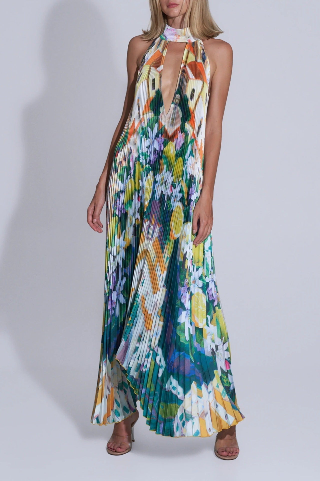 Fudus bedrucktes Swing-Kleid mit tiefem V-Ausschnitt