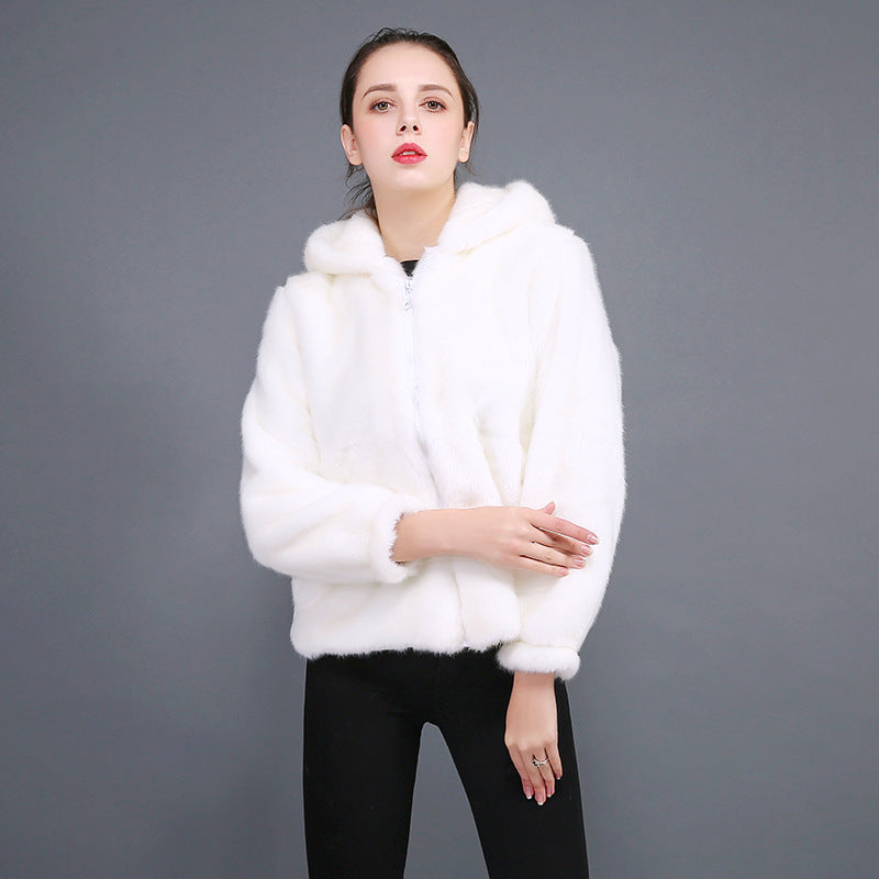 Damen Flauschige Kunstpelzjacke mit Kapuze Stilzeits