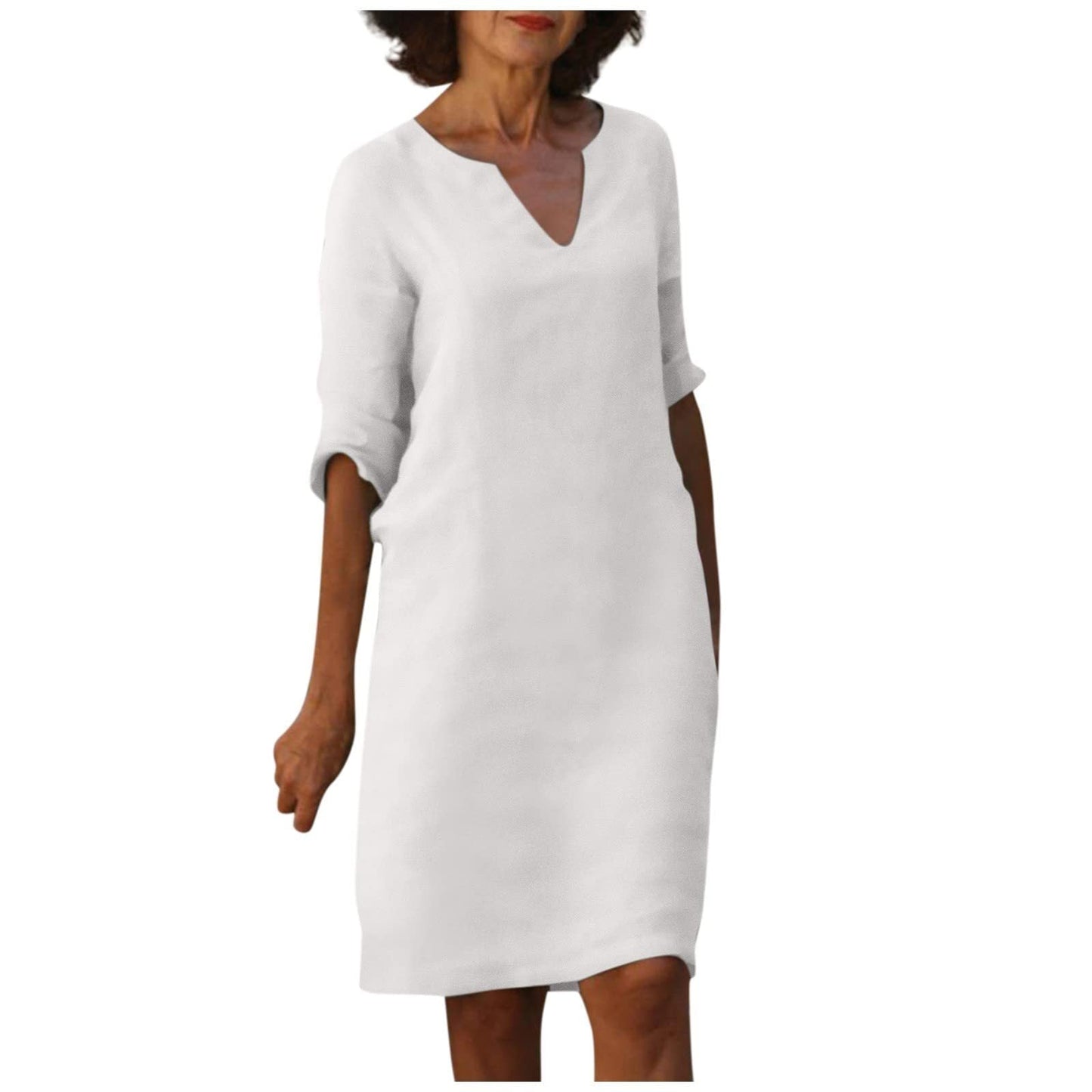Baumwolle-Leinen Kleid mit V-Ausschnitt, Retro-Stil, hoch tailliert, einfarbig, Sommer-Nähkleid von Fudus