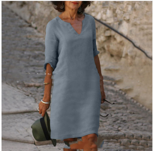Baumwolle-Leinen Kleid mit V-Ausschnitt, Retro-Stil, hoch tailliert, einfarbig, Sommer-Nähkleid von Fudus