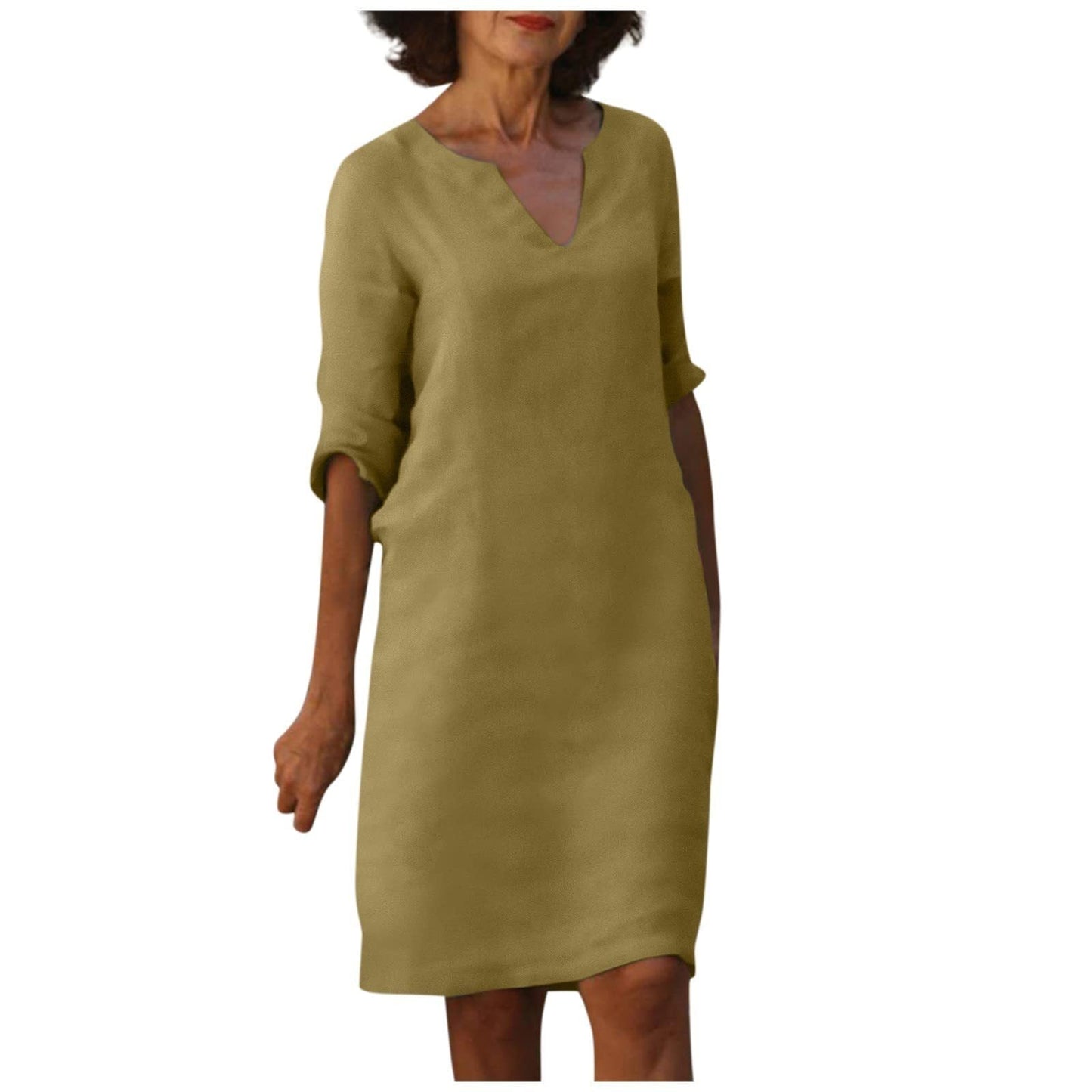 Baumwolle-Leinen Kleid mit V-Ausschnitt, Retro-Stil, hoch tailliert, einfarbig, Sommer-Nähkleid von Fudus