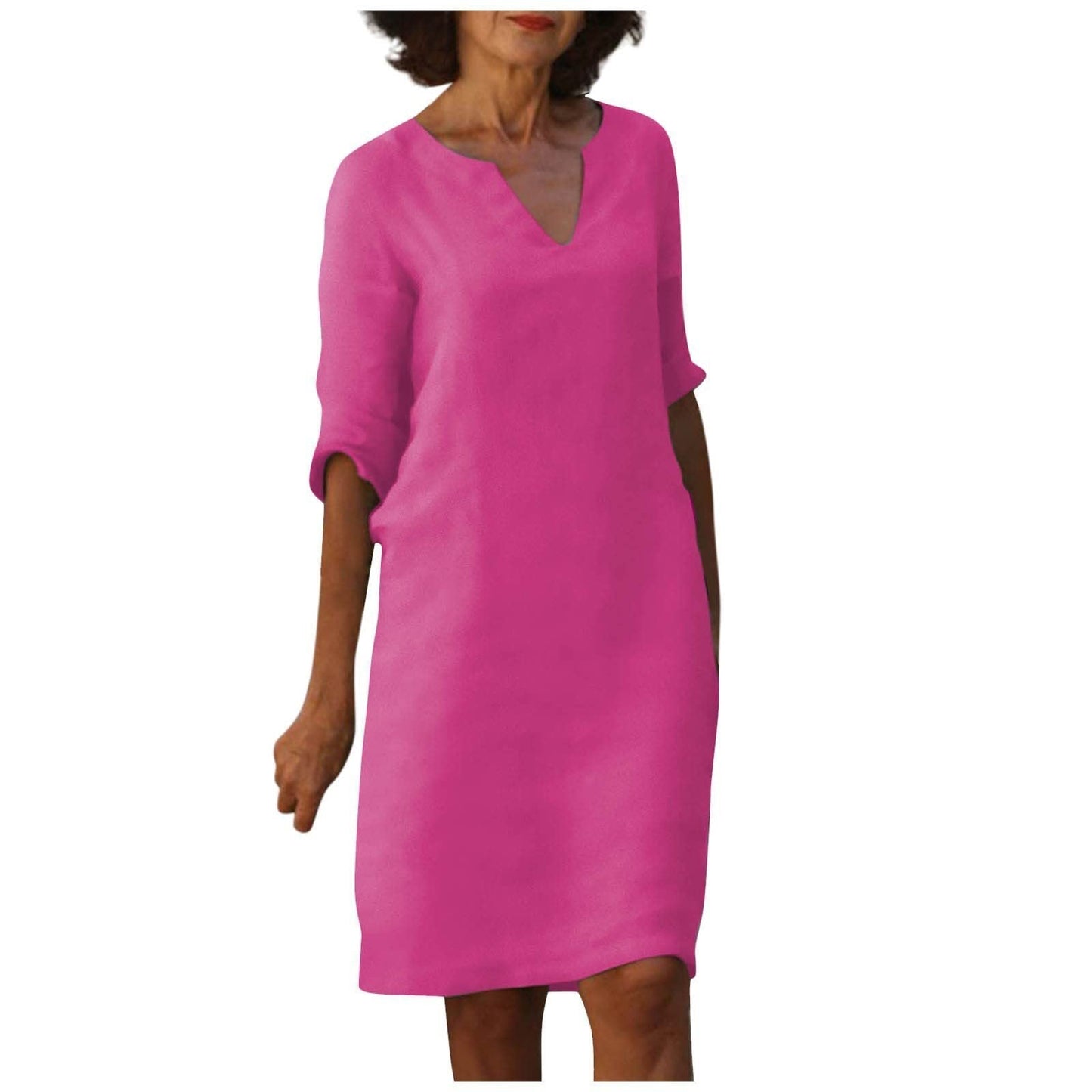 Baumwolle-Leinen Kleid mit V-Ausschnitt, Retro-Stil, hoch tailliert, einfarbig, Sommer-Nähkleid von Fudus