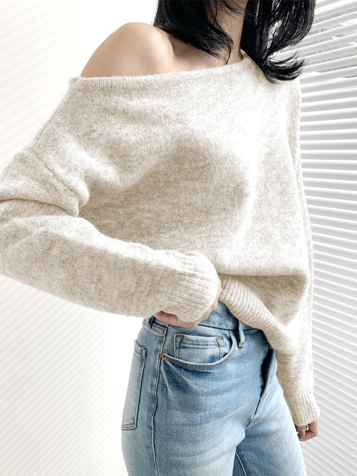 Stilzeits | Off-shoulder Strickpullover Weiche Wollmischung Zertifizierte Eleganz