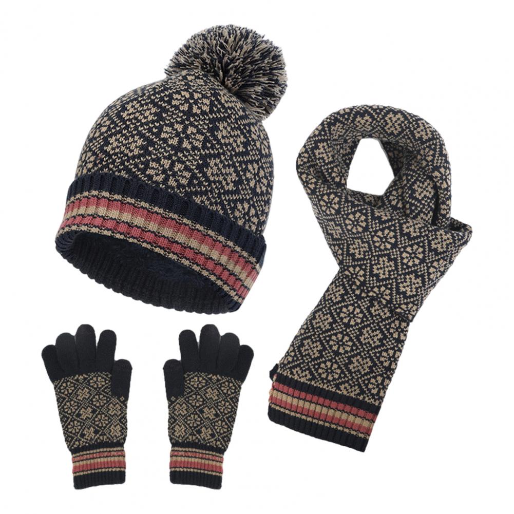 Damen 3-teiliges Winter-Strickset - Pompon Mütze, Schal und Touchscreen-Handschuhe