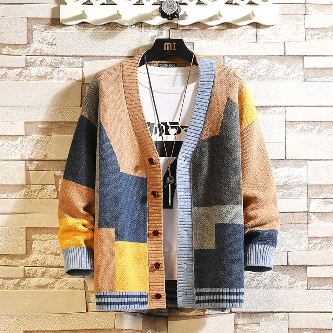 Herren Geknöpfter Strick-Cardigan – Lebendiges Blockdesign