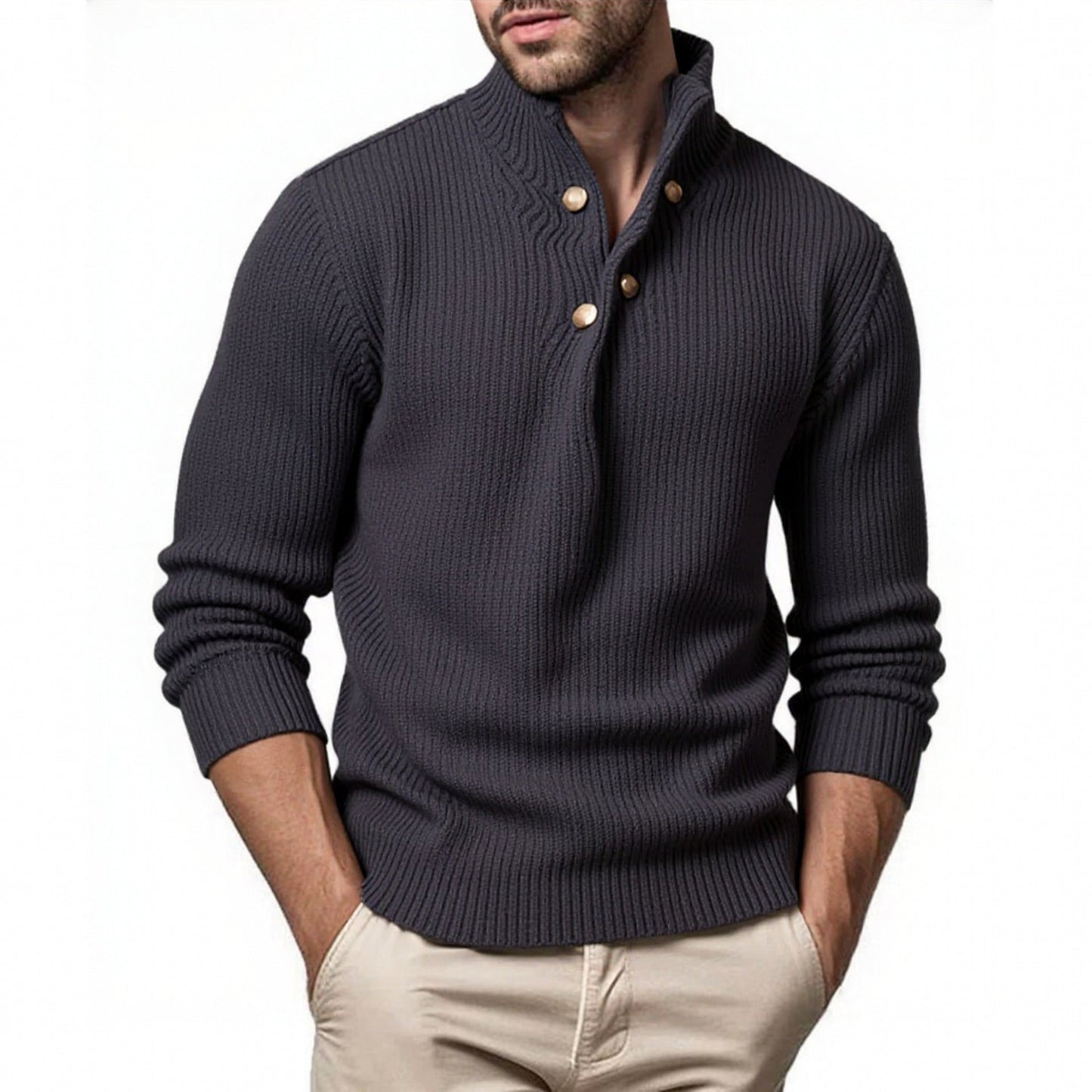 Herren modischer Strickpullover mit Stehkragen und asymmetrischer Knopfleiste Stilzeits