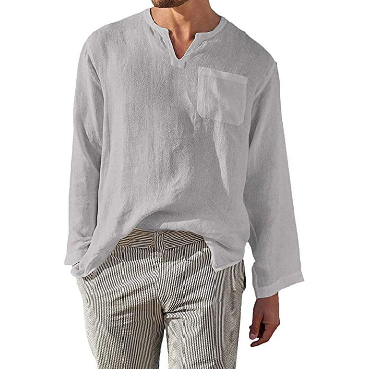 Herren Leinen Langarmshirt mit Henley-Ausschnitt und Brusttasche Stilzeits