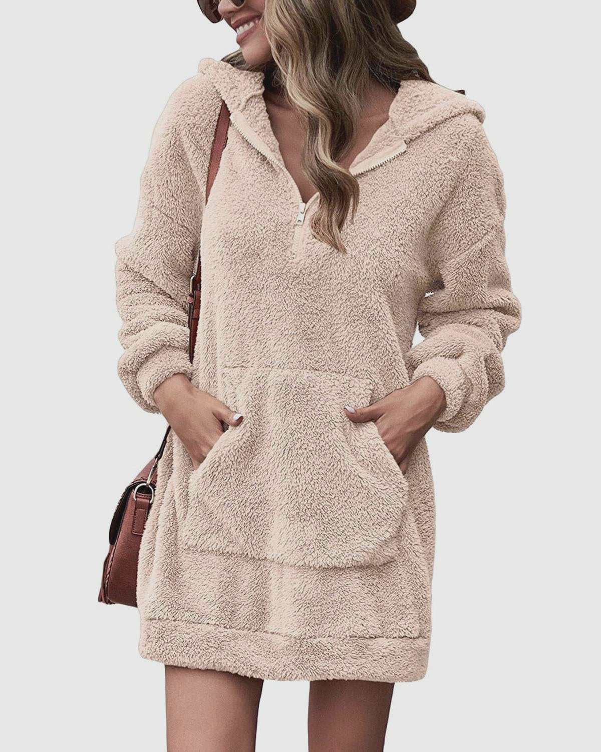 Damen Fleece-Kapuzenkleid mit Taschen und Reißverschluss Stilzeits