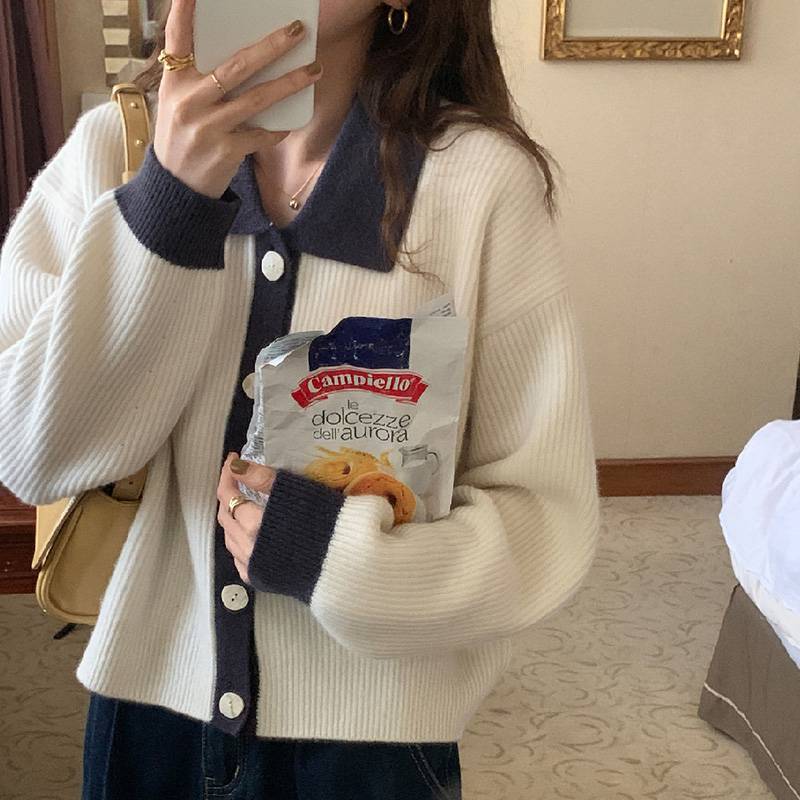 Damen Übergrößen Strickjacke mit kontrastierenden Kragen und Knopfdetail Stilzeits