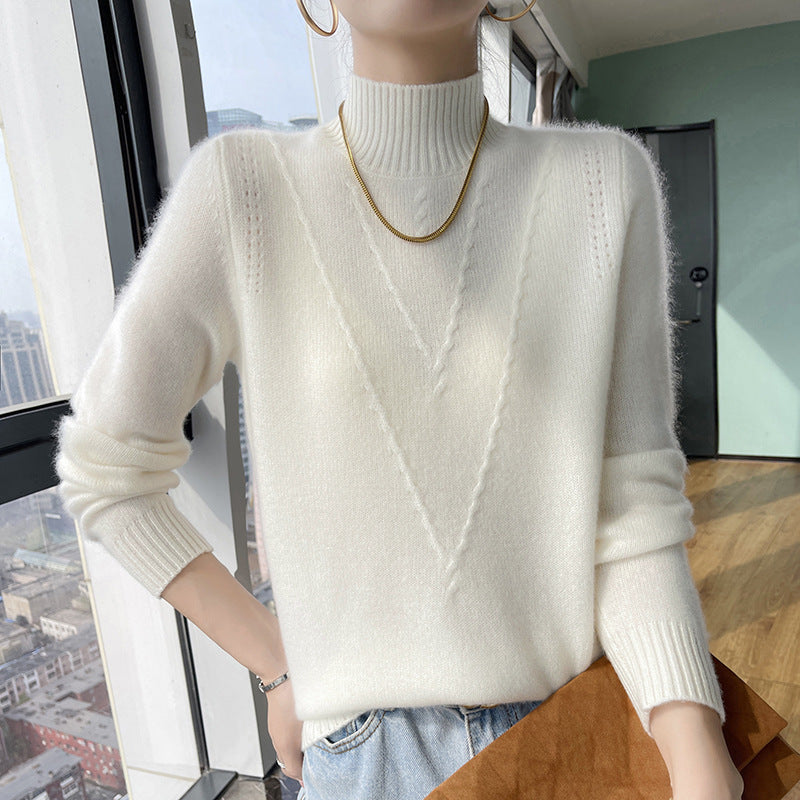 Damen weicher Strickpullover mit hohen Kragen und V-Design Stilzeits