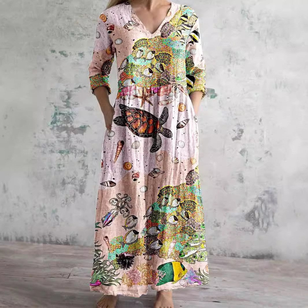 Fudus schickes Midikleid mit V-Ausschnitt und Print
