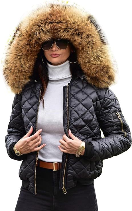 Damen gesteppte Winterjacke mit luxuriösem Pelzkragen Stilzeits