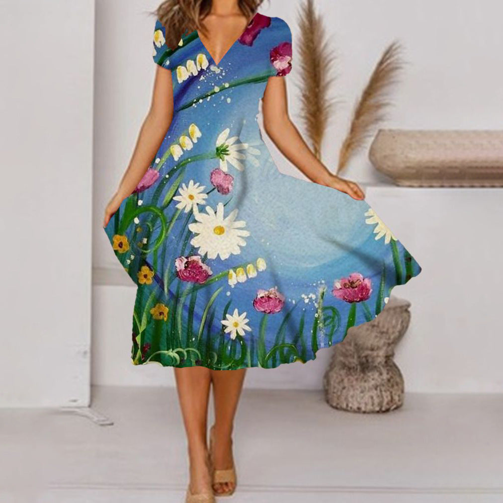 Elegantes kurzärmliges V-Ausschnitt-Kleid von Fudus mit schickem Druck