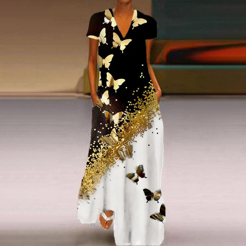 Elegantes Kurzarmkleid mit Schmetterlingsmuster und V-Ausschnitt von Fudus