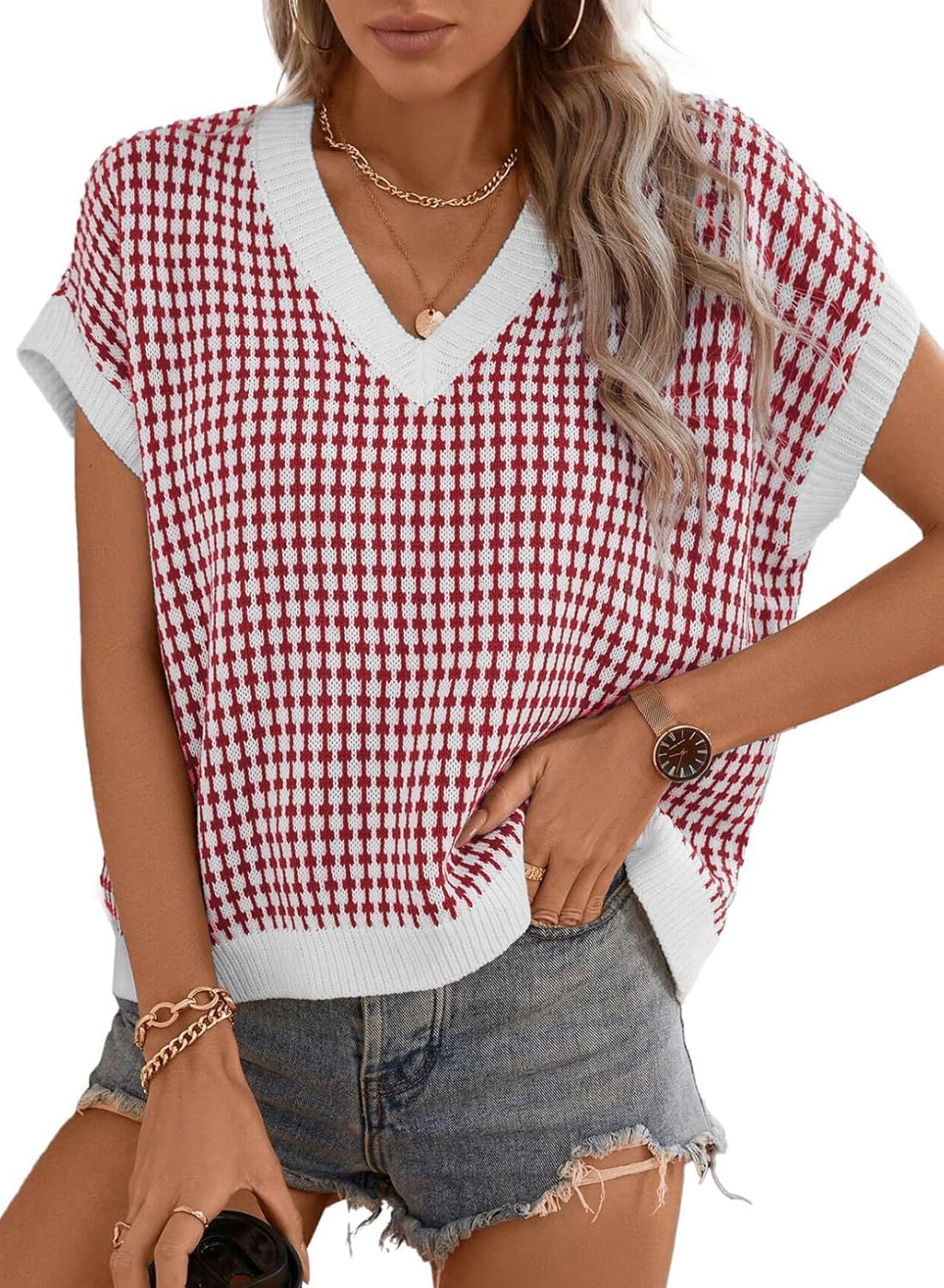 Damen lässiger V-Ausschnitt Pullover mit geometrischem Muster Stilzeits