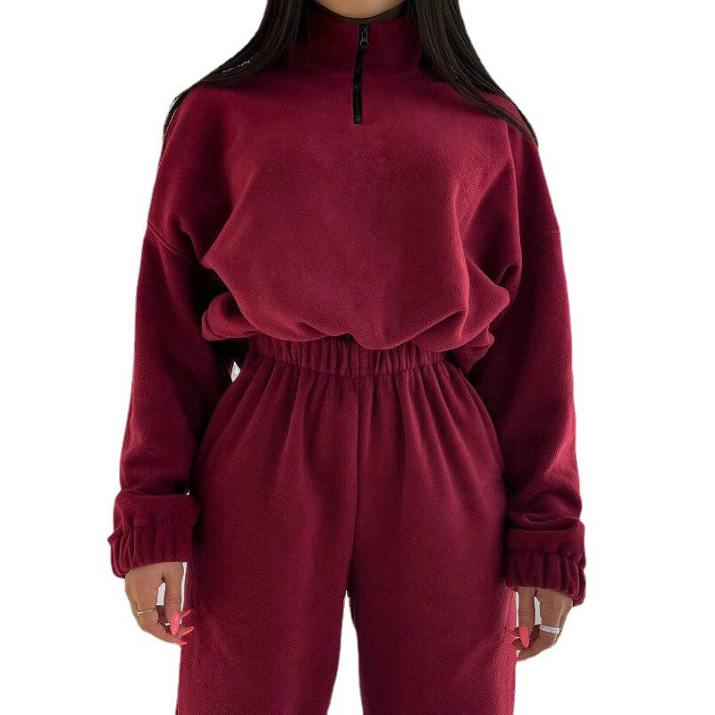 Damen Fleece-Jogginganzug mit kurzem Reißverschluss und lässigem Schnitt Stilzeits