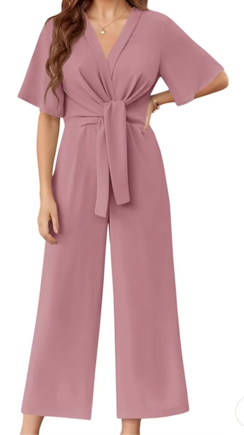 Damen eleganter Wickel-Jumpsuit mit weiten Beinen und Taillengürtel Stilzeits