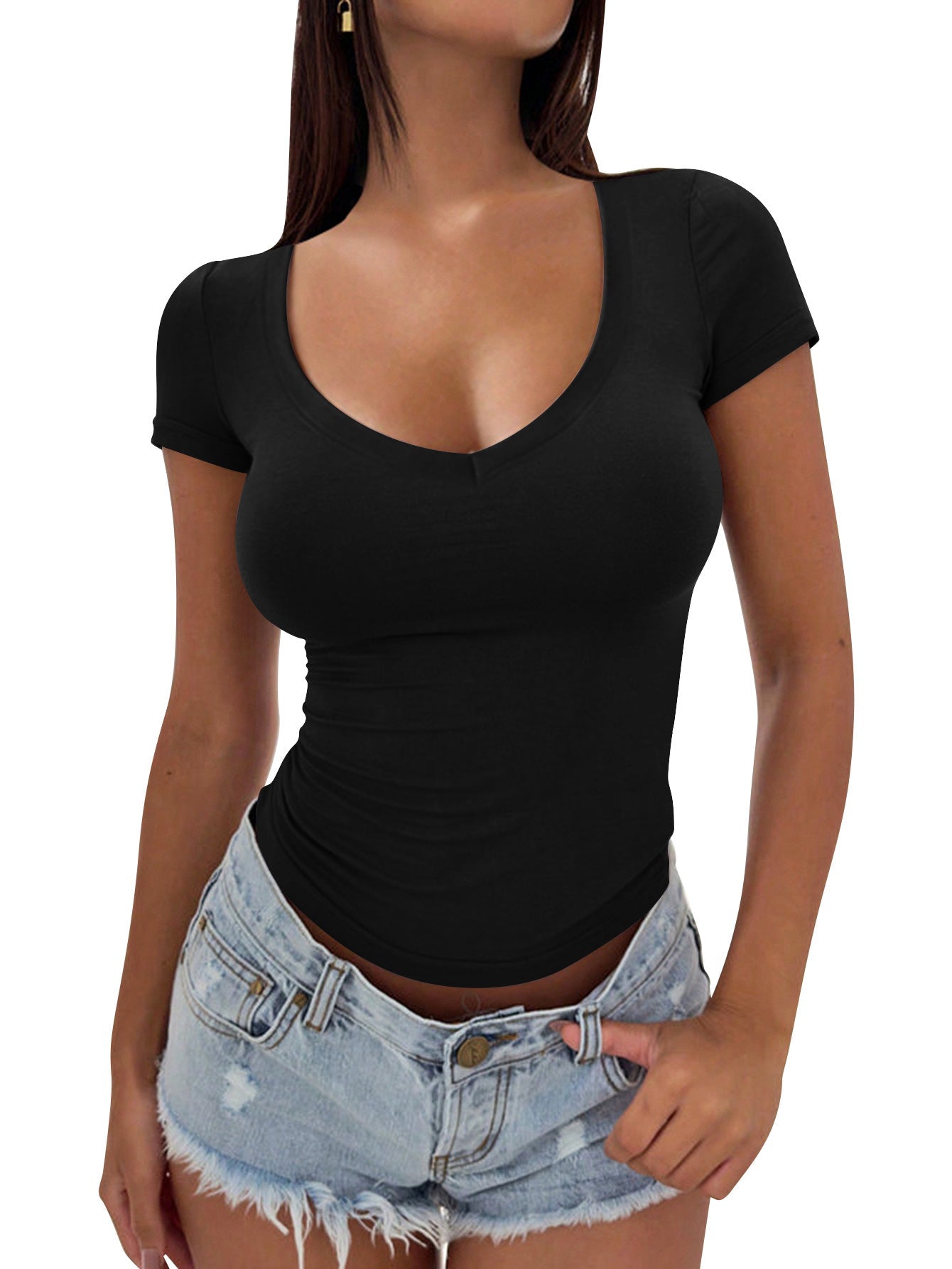 Damen figurbetontes V-Ausschnitt T-Shirt aus weichem Stretchmaterial Stilzeits