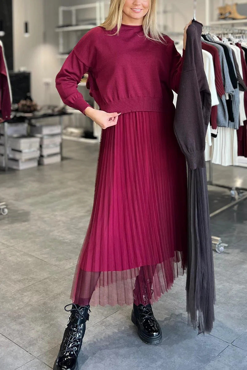 Damen Elegantes Faltenrock- und Pullover Set Stilzeits