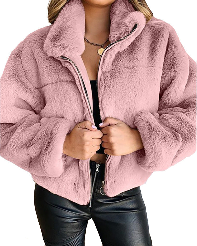 Damen Flauschige Trendjacke mit hohem Kragen Stilzeits
