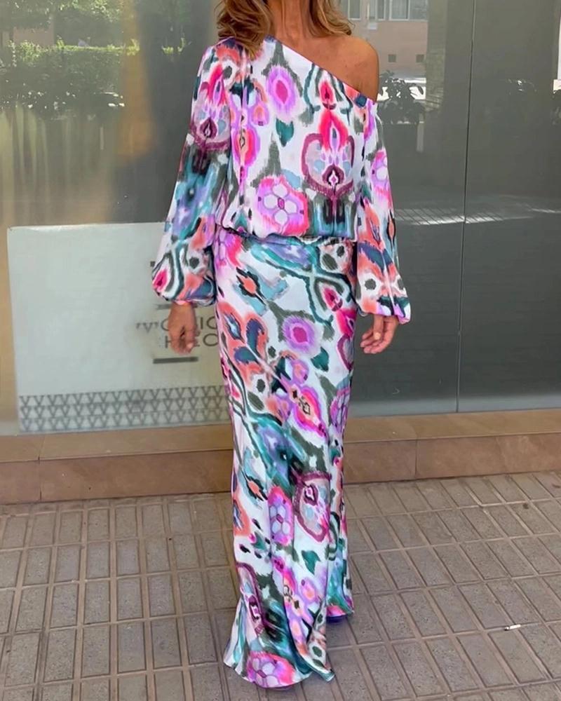 Damen Elegantes Maxikleid im grafischen Batikdesign mit Off-Shoulder-Ausschnitt und voluminösen Ärmeln Stilzeits