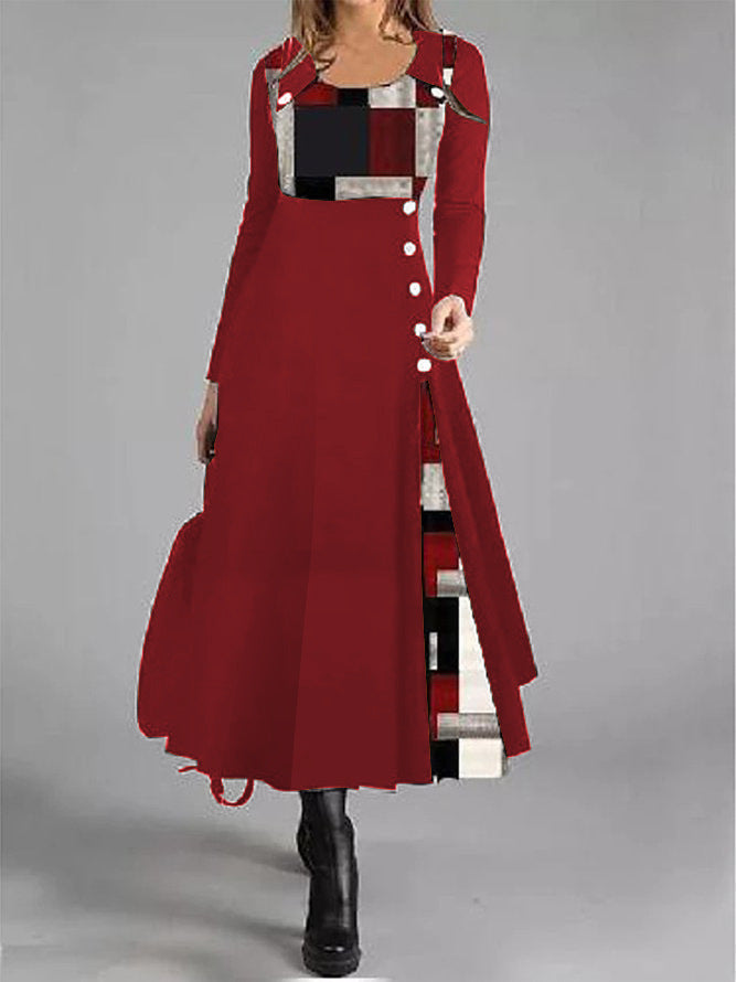 Elegantes Fudus Kleid mit Farbblock-Design, Knopfleiste und Rundhalsausschnitt