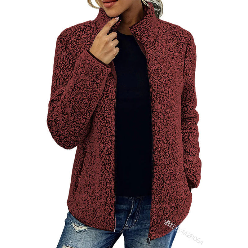 Damen flauschige Fleecejacke mit hohem Kragen und seitlichen Taschen Stilzeits