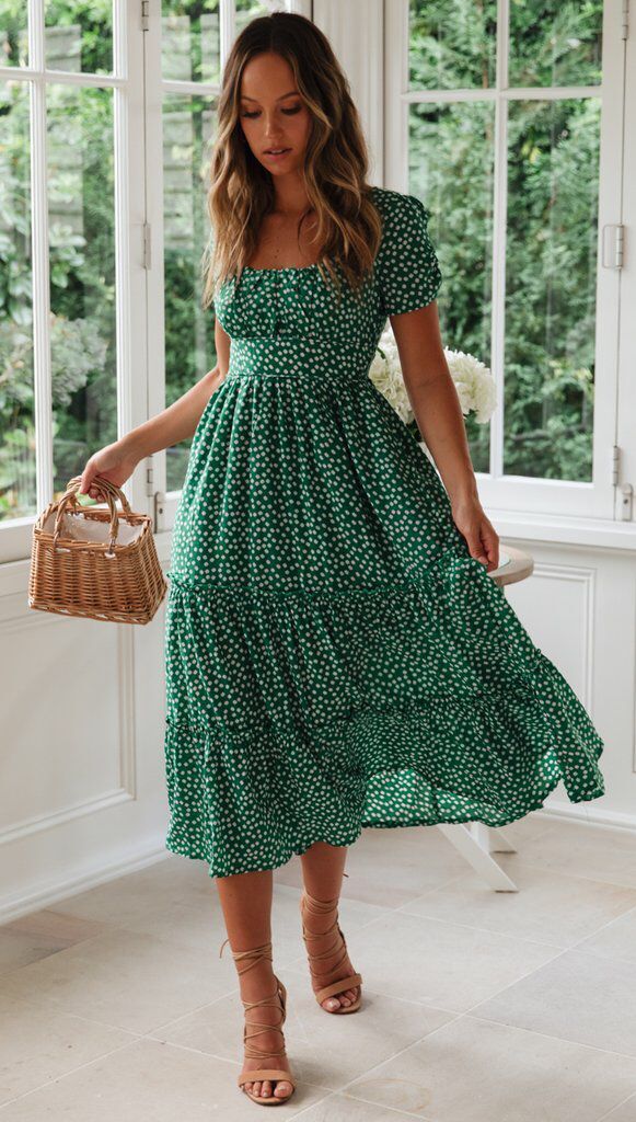 Fudus Quadratischer Ausschnitt Puffärmel Blumenkleid