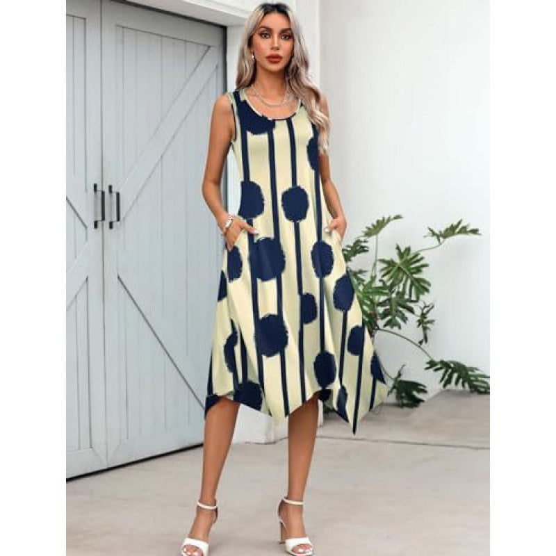 Elegantes Fudus Kleid mit modischem Print, ärmellos und asymmetrischem Saum