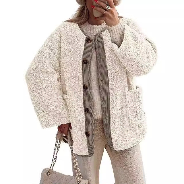 Damen kuschelige Teddyjacke mit farblich abgestimmtem Kragen Stilzeits